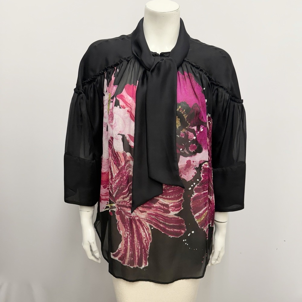 Roberto Cavalli 100% Silk Blouse Top With Scarf Tie Abstract Floral Size 42